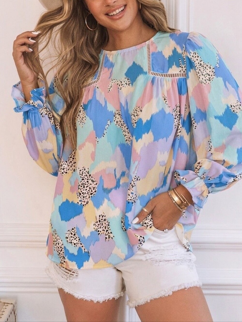 Abstract Colorful Long Sleeve Blouse XL Pastel Funky Print Boho Top - Picture 2 of 5